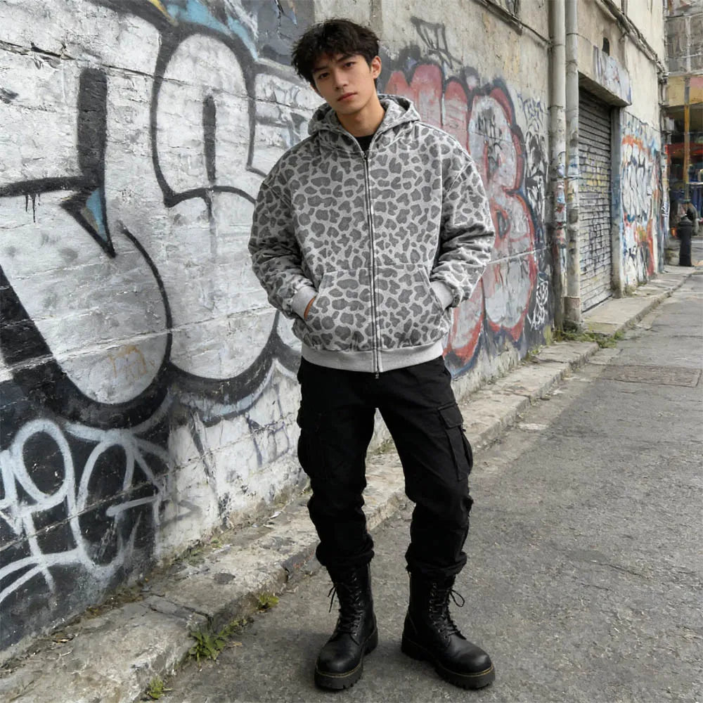 Minimalista 2026 Leopard Print Zip Up Hoodie para Homens Mulheres Solto Full Print Design Sense Tecido Suave Ajuste Moderno Streetwear Diário