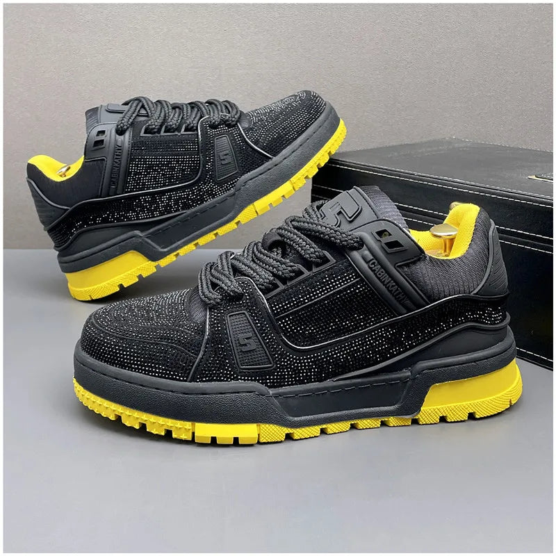 Ténis desportivos para homem com strass, tendência primavera, sola grossa, casual, para caminhada, ténis, preto brilhante com diamantes, respirável.