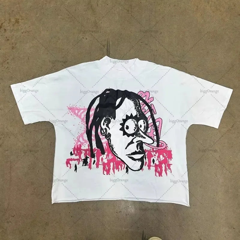 T-shirt de Algodão Solta de Moda Masculina Hip-hop de Rua com Gráficos T-shirts de Streetwear Harajuku Unissexo, Desenho Animado Americano Chique