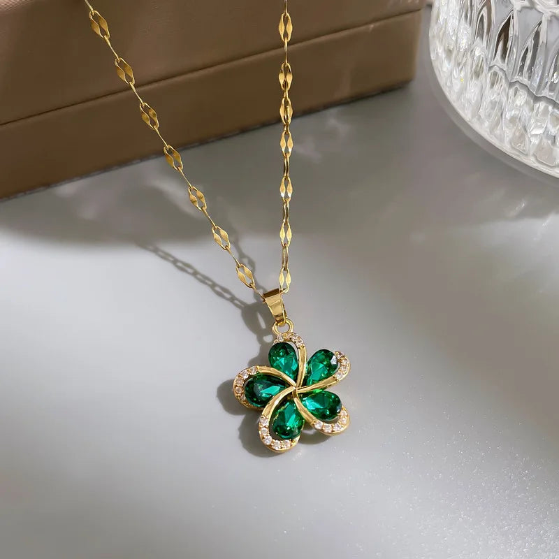 Collier pendentif fleurs en zircon vert en acier inoxydable pour femmes, nouvelle chaîne de luxe pour filles, cadeaux d'anniversaire bijoux