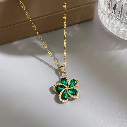 Collier pendentif fleurs en zircon vert en acier inoxydable pour femmes, nouvelle chaîne de luxe pour filles, cadeaux d'anniversaire bijoux