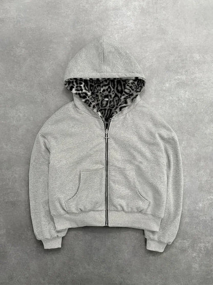 Casaco com capuz oversized estilo gótico Harajuku unissexo para outono/inverno, com estampado de leopardo retro casual, fecho, corte solto e personalizável.