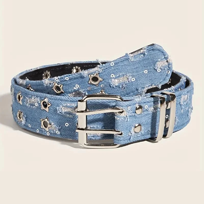 1 UNID Novo Cinto de Luxo da Moda Acessórios Punk Preto Cinto de Ganga Azul HipHop Y2k Estrela Oca Fivela de Pino Cós, Para Homens Mulheres