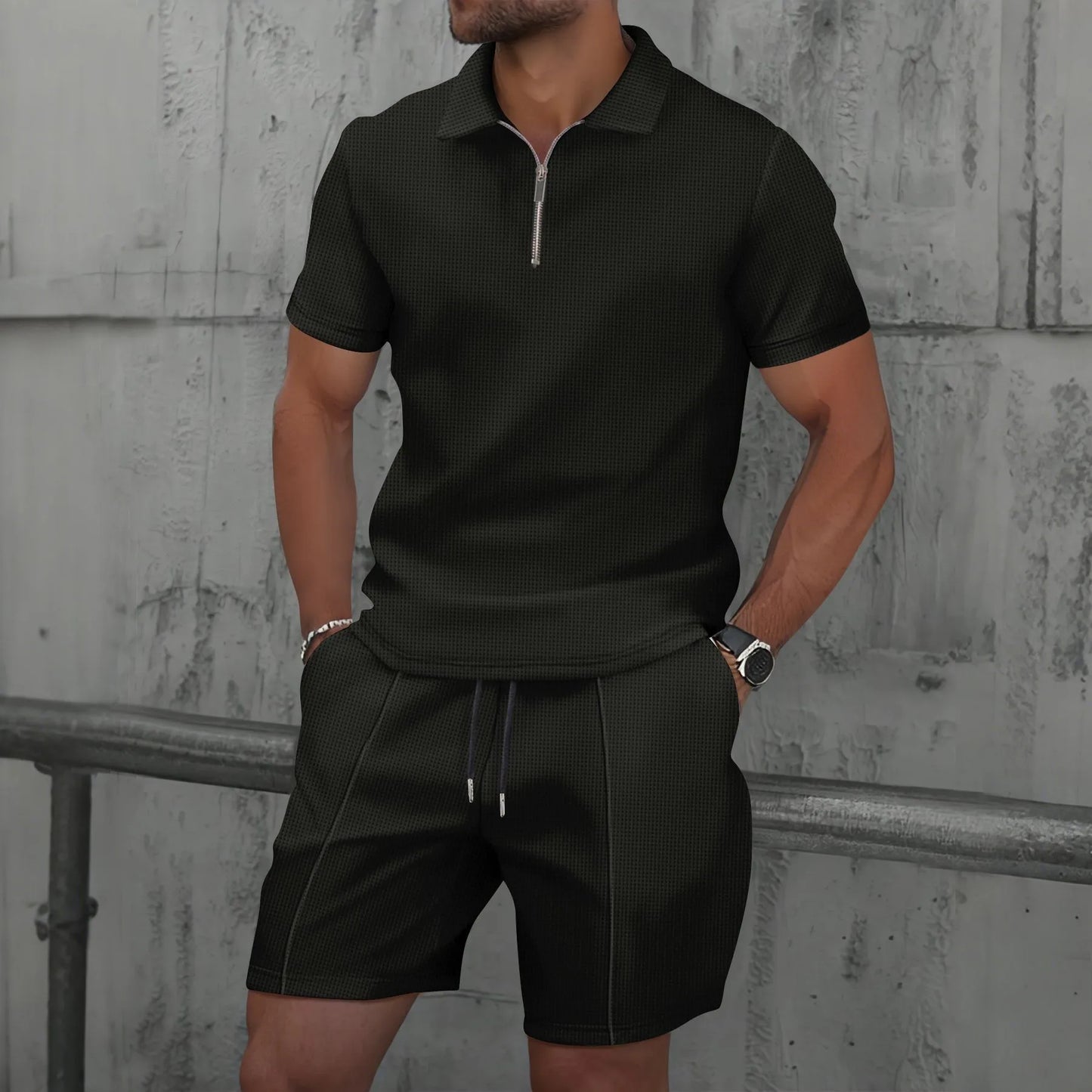 Waffle Zip-Up Polo