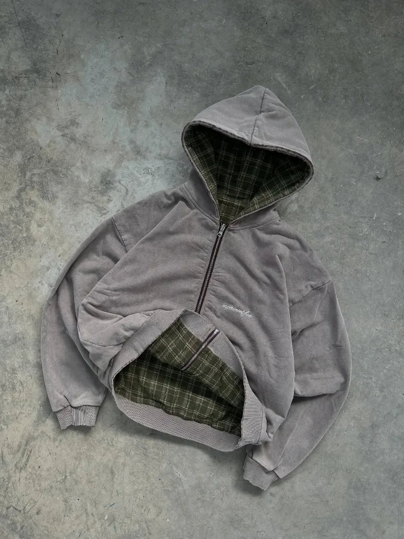 American Street Retro Reversible Plaid Fashion Zipper Hoodie Men New Harajuku Y2K Heavy Wash Casual Street Sweatshirts Women