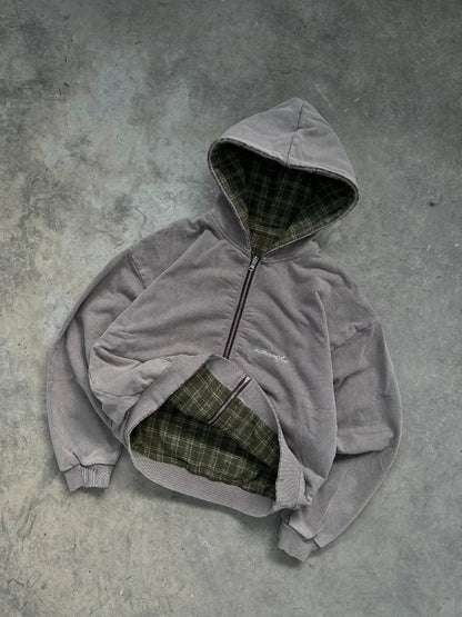 Hoodie zippé réversible à carreaux style rétro américain, mode masculine, nouveau sweat décontracté Harajuku Y2K délavé épais, femme