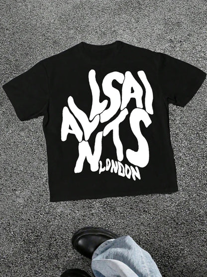 T-shirt de Texto Elástico Londres, T-shirt Gráfica com Tipo de Letra Arrojado, Adequada para Roupa de Estilo Urbano Masculino, Adequada para Todas as Estações, Confortável e Ajustada, Presente Ideal