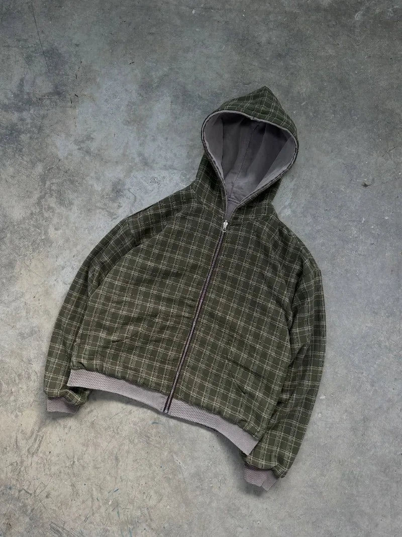 American Street Retro Reversible Plaid Fashion Zipper Hoodie Men New Harajuku Y2K Heavy Wash Casual Street Sweatshirts Women