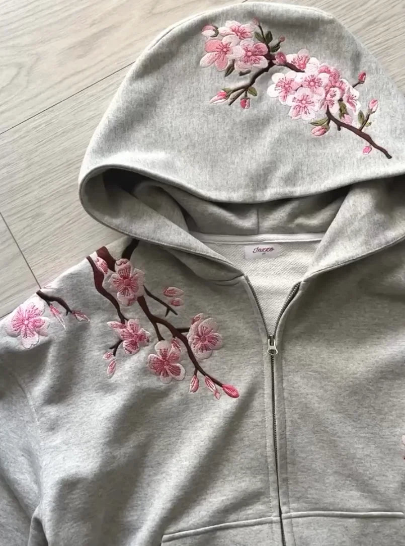 Sweatshirt com Capuz Oversized Vintage Y2K com Bordado de Flor de Cerejeira