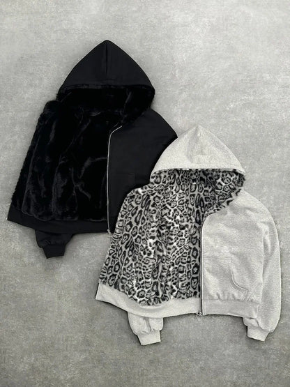 Casaco com capuz oversized estilo gótico Harajuku unissexo para outono/inverno, com estampado de leopardo retro casual, fecho, corte solto e personalizável.