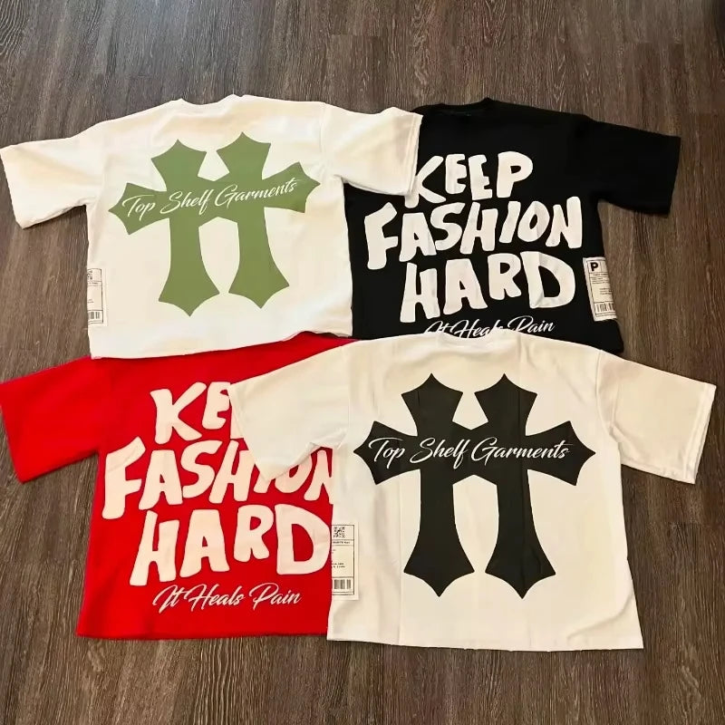 Camisola Gráfica de Algodão Puro com Gola Redonda Estilo High Street, Nova Camiseta Estampada Feminina Marca Trendy Solta Casual de Casal Americana Harajuku Y2k