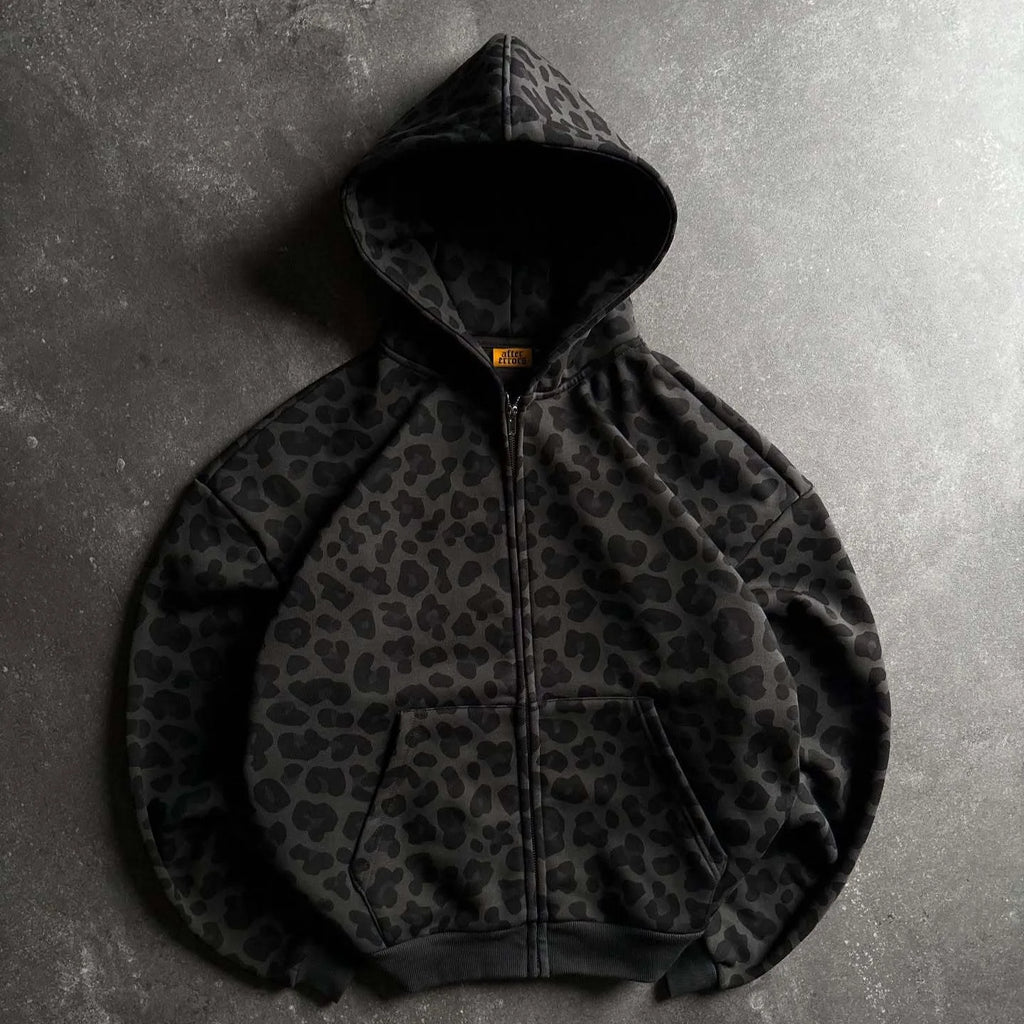 Minimalista 2026 Leopard Print Zip Up Hoodie para Homens Mulheres Solto Full Print Design Sense Tecido Suave Ajuste Moderno Streetwear Diário