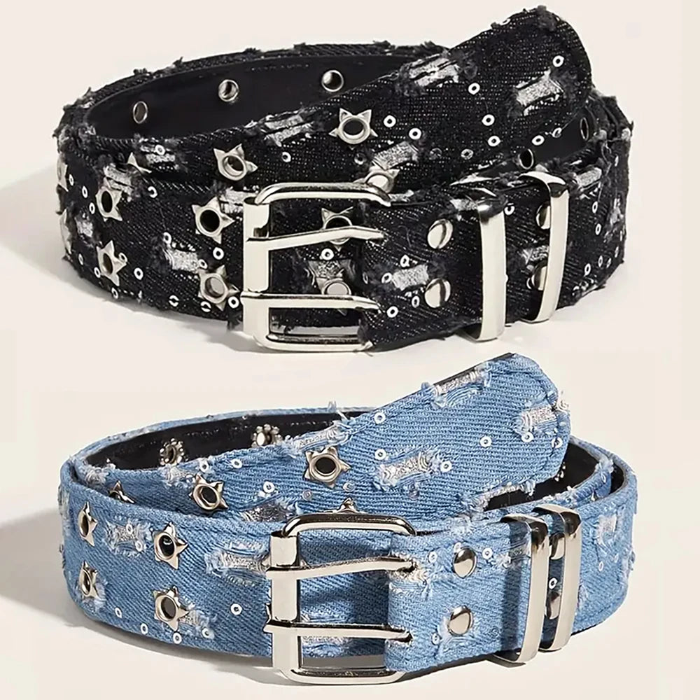 1 UNID Novo Cinto de Luxo da Moda Acessórios Punk Preto Cinto de Ganga Azul HipHop Y2k Estrela Oca Fivela de Pino Cós, Para Homens Mulheres