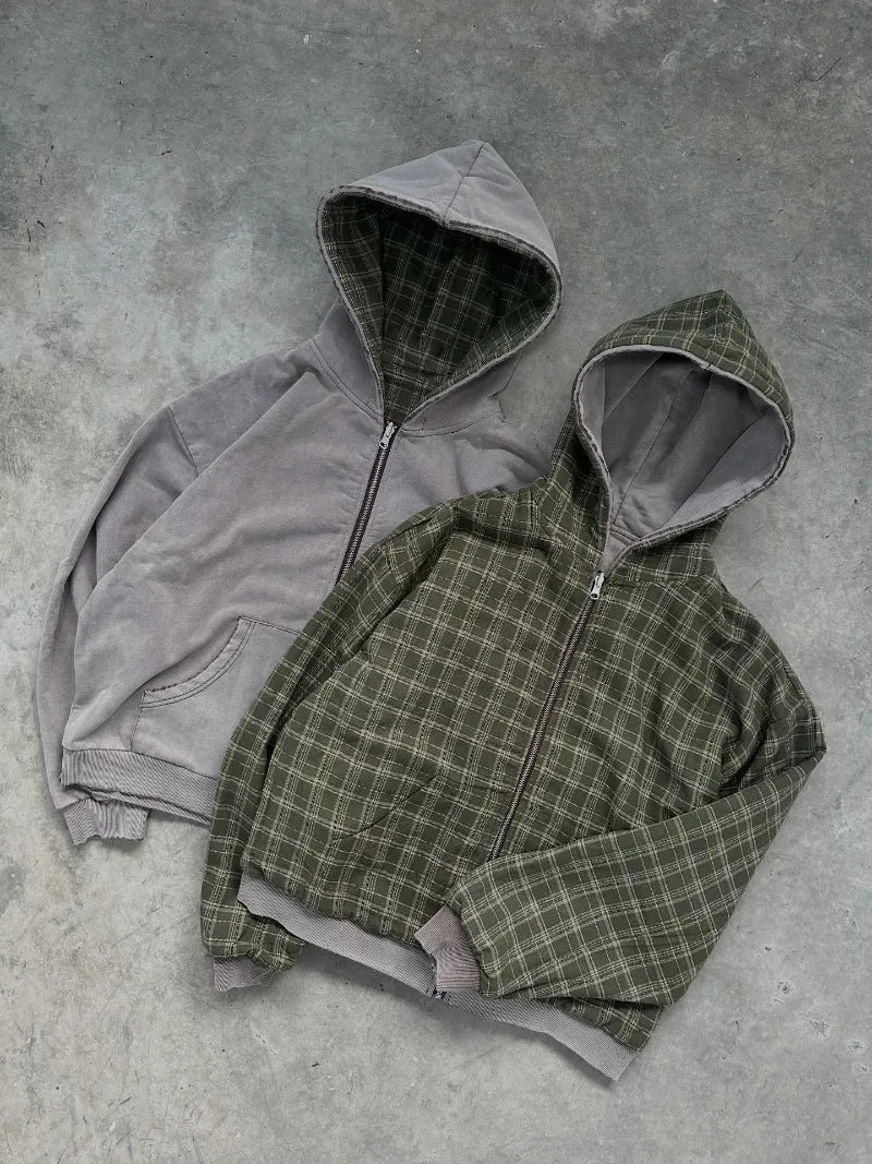 American Street Retro Reversible Plaid Fashion Zipper Hoodie Men New Harajuku Y2K Heavy Wash Casual Street Sweatshirts Women