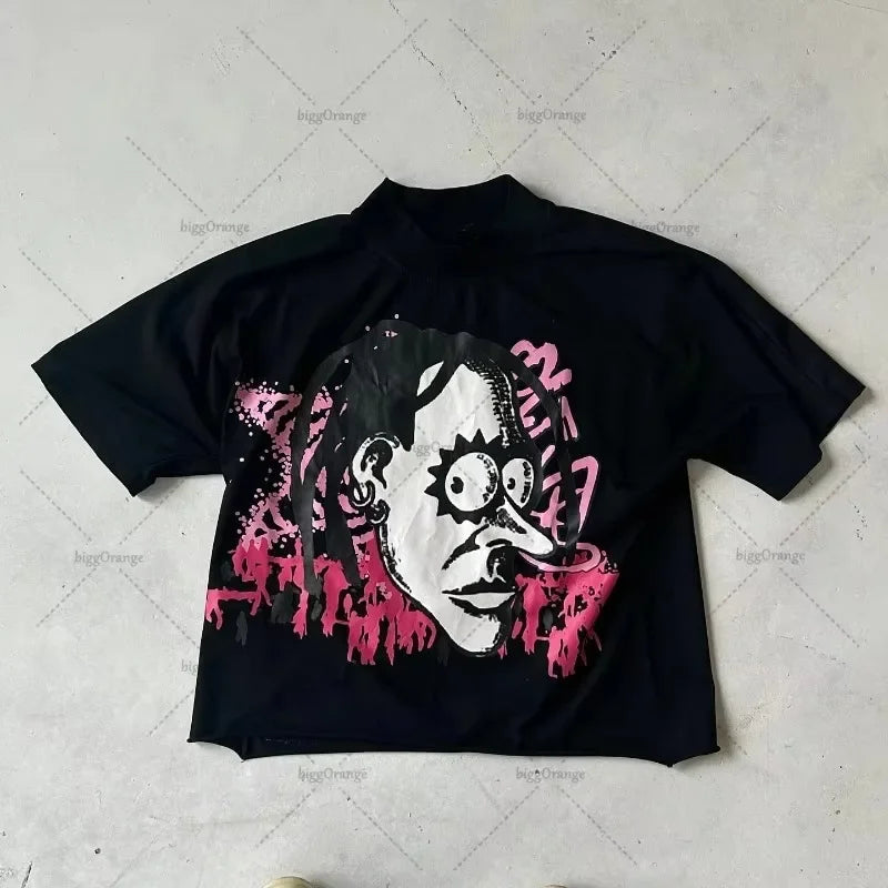 T-shirt de Algodão Solta de Moda Masculina Hip-hop de Rua com Gráficos T-shirts de Streetwear Harajuku Unissexo, Desenho Animado Americano Chique