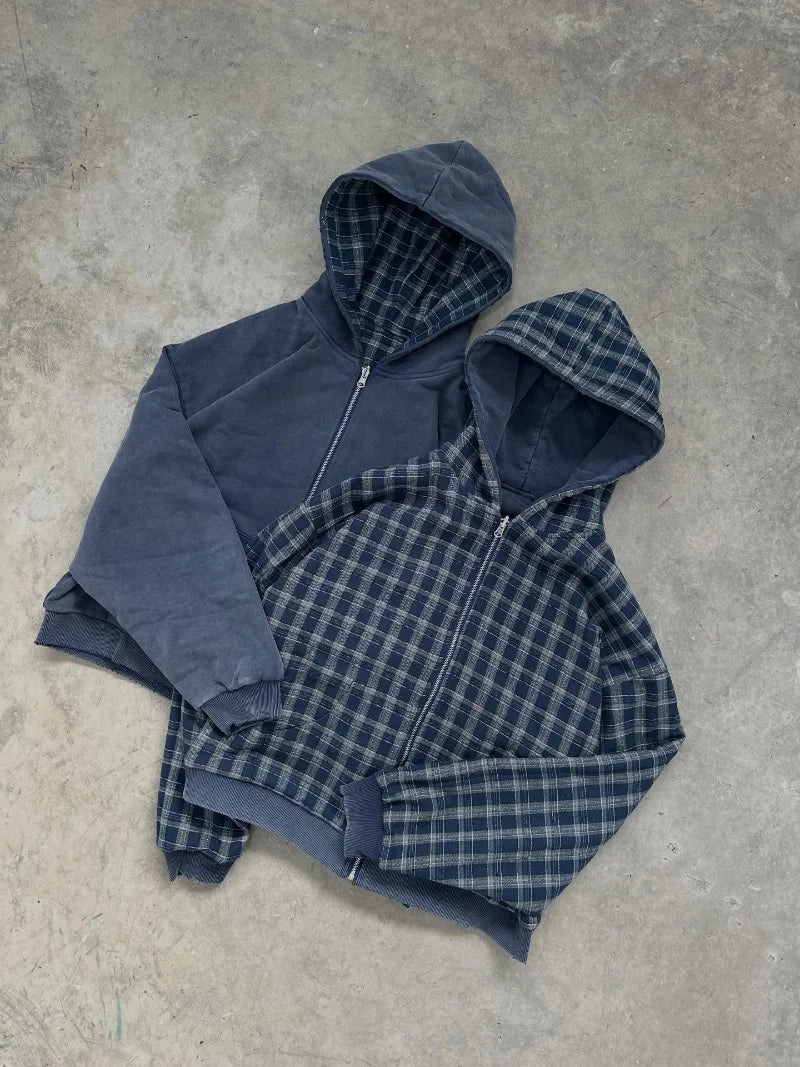 American Street Retro Reversible Plaid Fashion Zipper Hoodie Men New Harajuku Y2K Heavy Wash Casual Street Sweatshirts Women