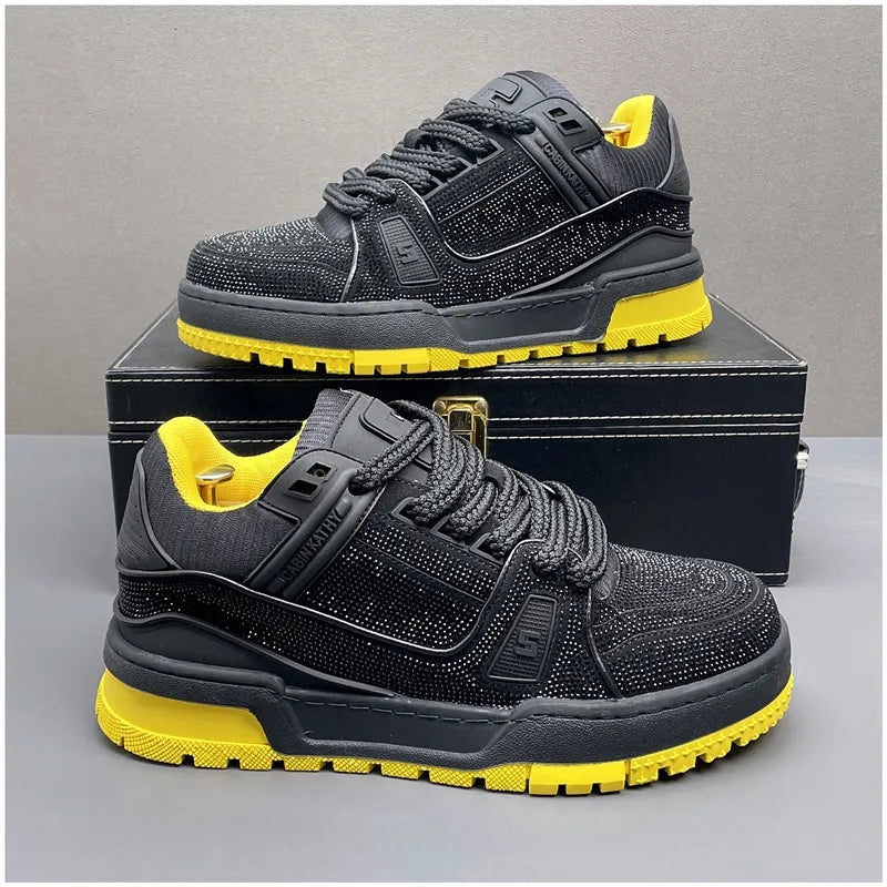 Ténis desportivos para homem com strass, tendência primavera, sola grossa, casual, para caminhada, ténis, preto brilhante com diamantes, respirável.