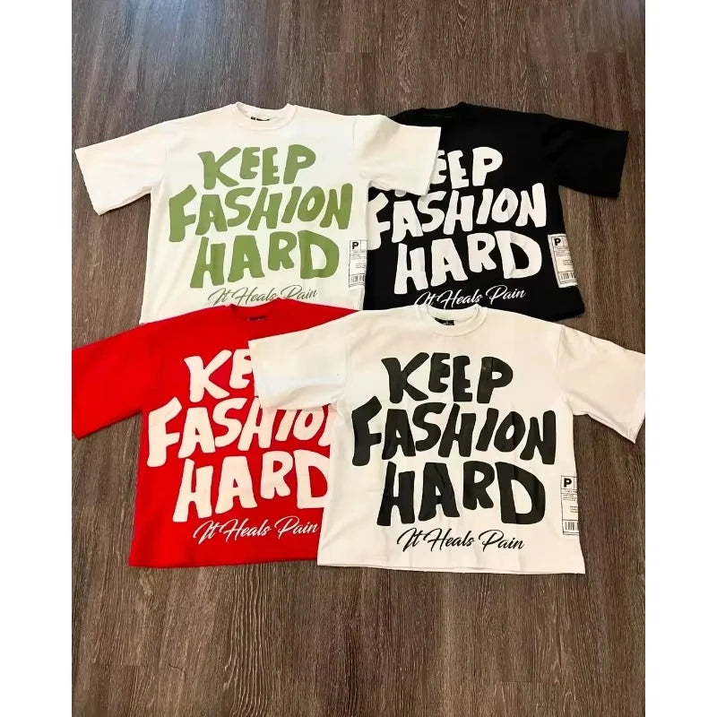Camisola Gráfica de Algodão Puro com Gola Redonda Estilo High Street, Nova Camiseta Estampada Feminina Marca Trendy Solta Casual de Casal Americana Harajuku Y2k
