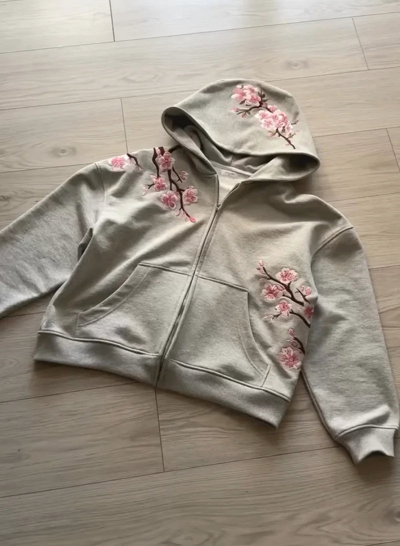 Sweatshirt com Capuz Oversized Vintage Y2K com Bordado de Flor de Cerejeira