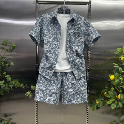 Conjunto casual de verão para homem 2026, com camisa de manga curta e calções com lapela em jacquard em relevo. Leve e elegante.
