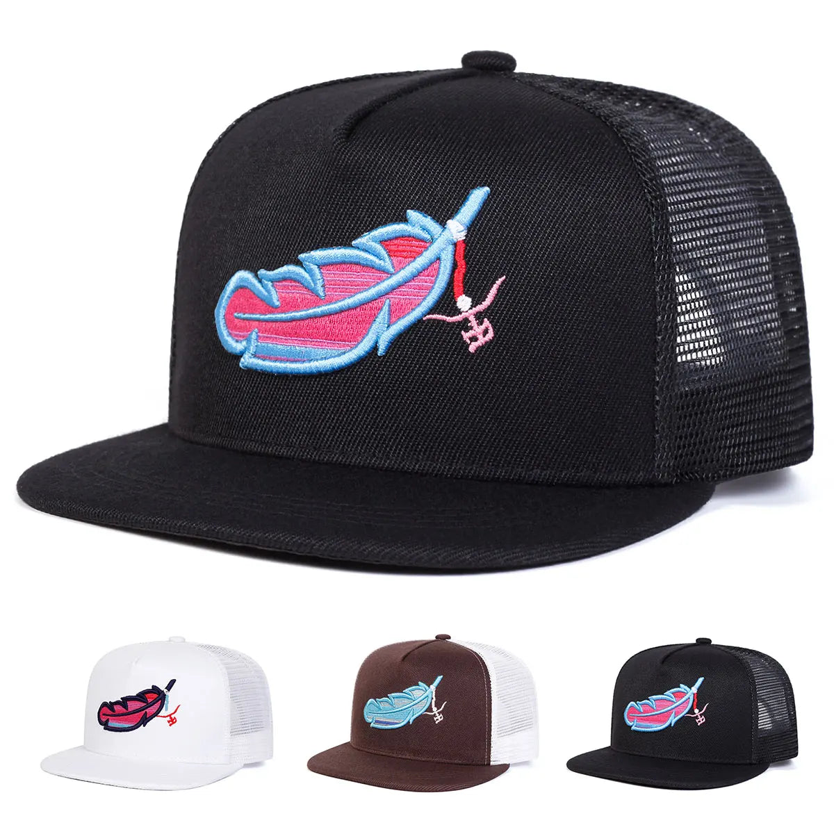 Chapéus de Rede Hip-hop com Bordados de Penas Coloridas Unissexo Primavera Verão Exterior Ajustável Casual Bonés de Basebol Chapéu de Sol