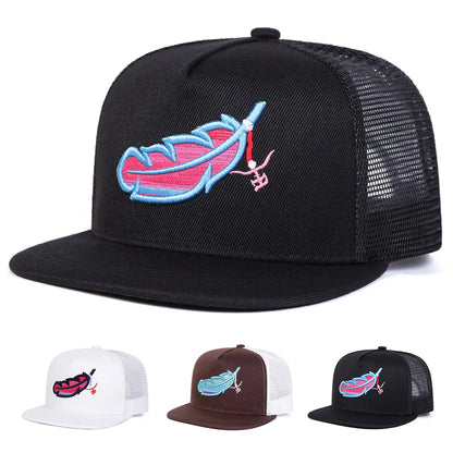 Chapéus de Rede Hip-hop com Bordados de Penas Coloridas Unissexo Primavera Verão Exterior Ajustável Casual Bonés de Basebol Chapéu de Sol
