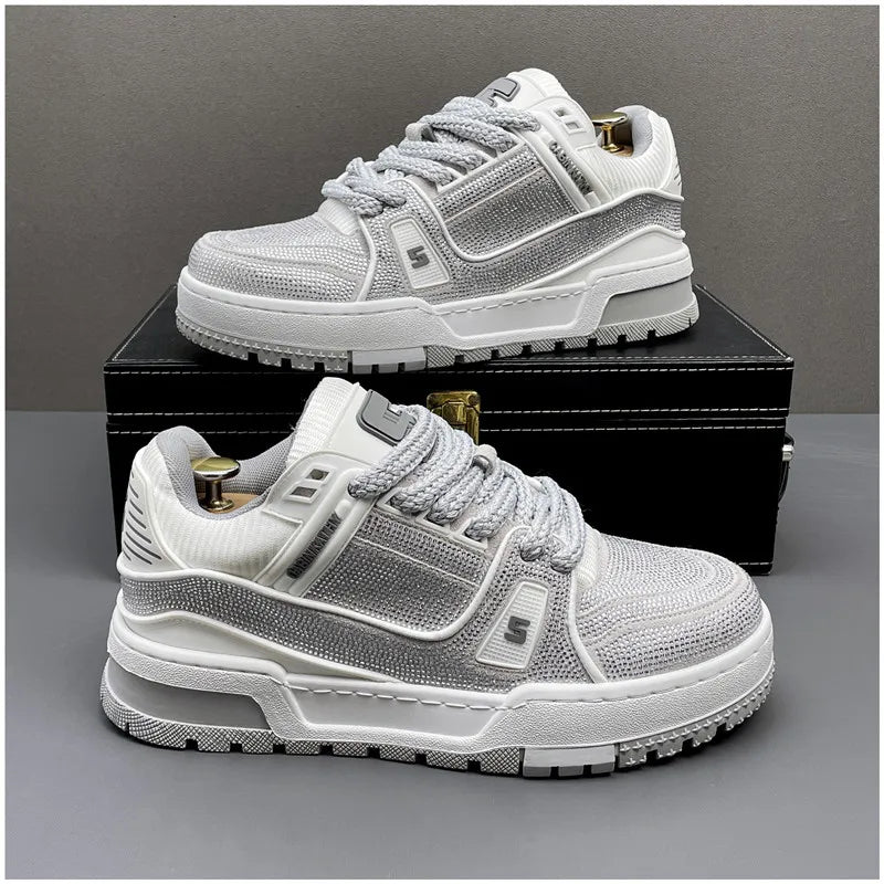 Ténis desportivos para homem com strass, tendência primavera, sola grossa, casual, para caminhada, ténis, preto brilhante com diamantes, respirável.