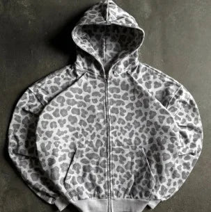 Minimalista 2026 Leopard Print Zip Up Hoodie para Homens Mulheres Solto Full Print Design Sense Tecido Suave Ajuste Moderno Streetwear Diário