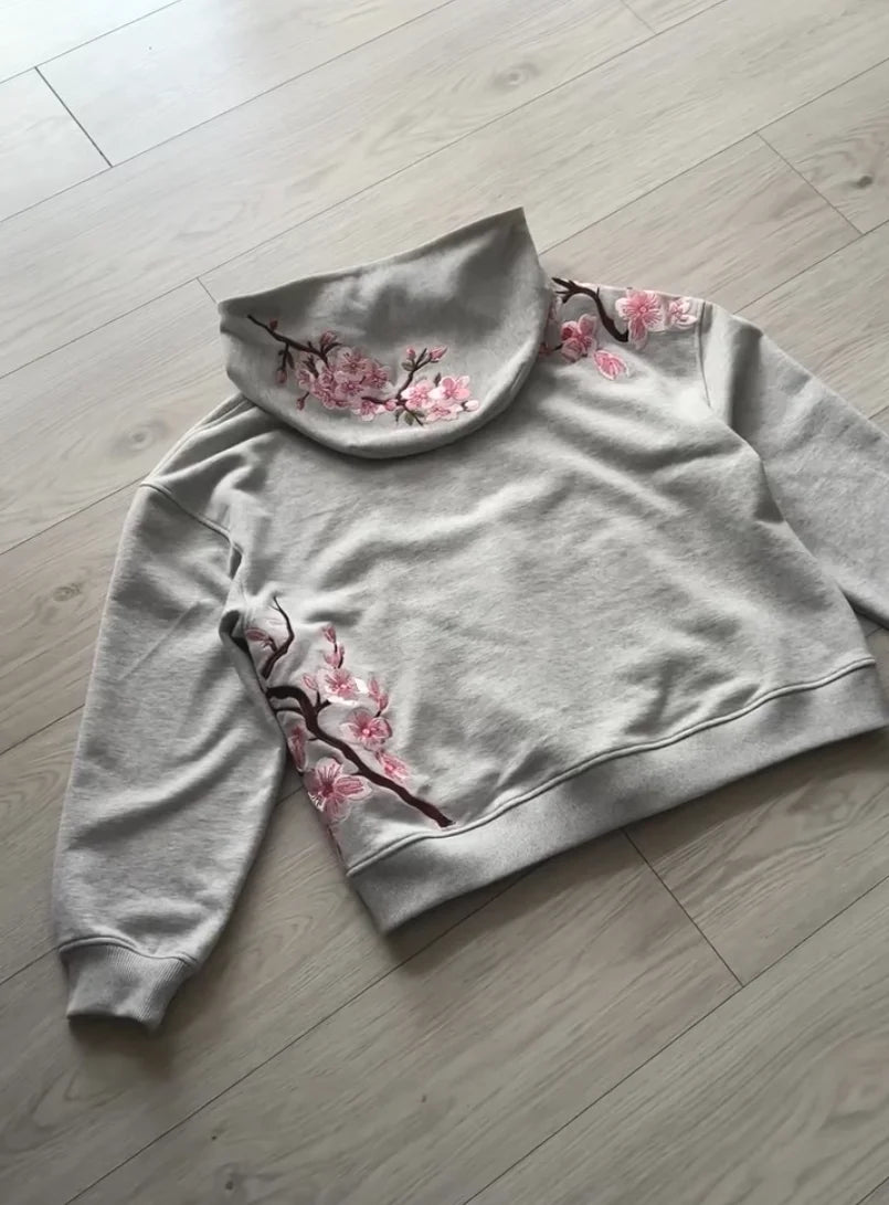Sweatshirt com Capuz Oversized Vintage Y2K com Bordado de Flor de Cerejeira