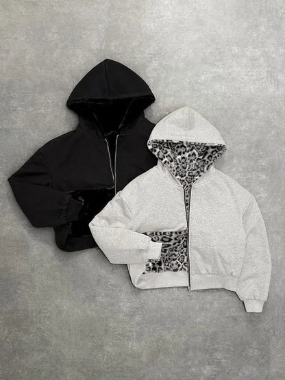 Casaco com capuz oversized estilo gótico Harajuku unissexo para outono/inverno, com estampado de leopardo retro casual, fecho, corte solto e personalizável.