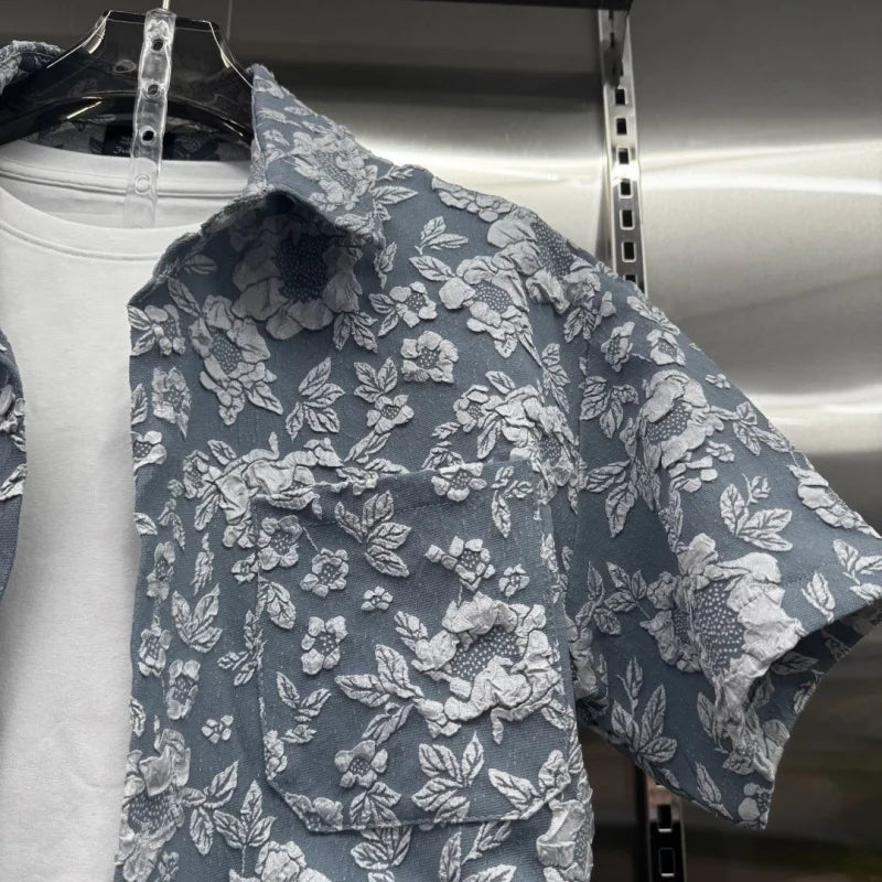 Conjunto casual de verão para homem 2026, com camisa de manga curta e calções com lapela em jacquard em relevo. Leve e elegante.
