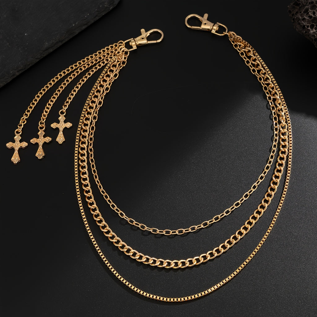 Chaîne de pantalon avec pendentif croix à trois rangs, style décontracté et minimaliste, arborant un design rétro tendance, idéal pour les soirées de tous les jours, ce qui en fait un cadeau polyvalent pour homme.