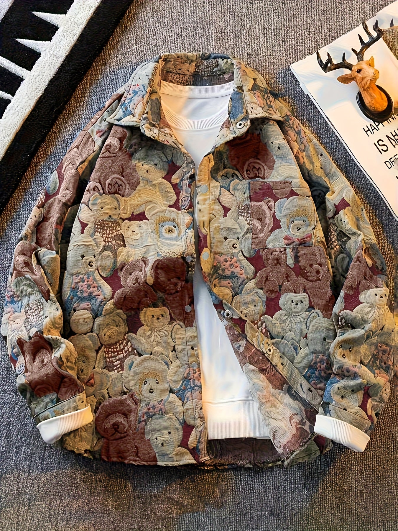 Casaco-Camisa de Urso de Homem Vintage Americano, Camisa Casual de Luxo da Moda para Outono