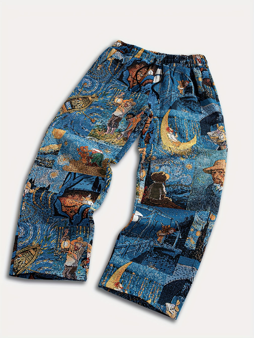Calça casual de corte direito para homem com cordão na cintura e bolsos - Tecido sem elasticidade, corte solto, conforto para todas as estações e estampado dourado inspirado na galáxia.