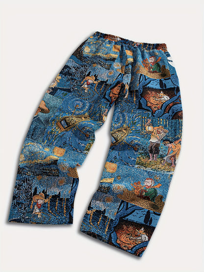 Pantalon décontracté pour homme, coupe droite, taille élastiquée avec cordon de serrage et poches - Tissu non extensible, coupe ample, confort toutes saisons, imprimé galaxie doré