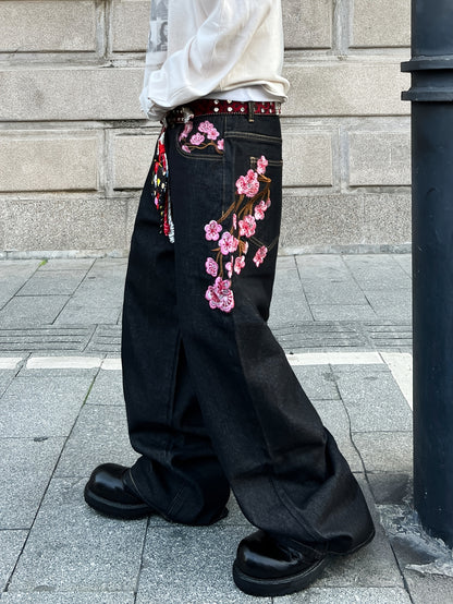 Jean ample en denim brodé de fleurs de prunier, style vintage américain | Mode urbaine, unisexe, noir, tissu non extensible, longueur standard, poches, toutes saisons