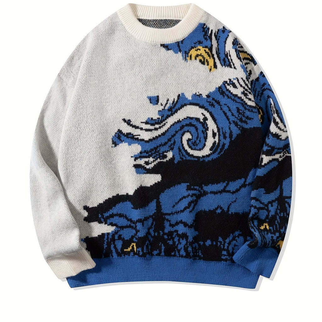 Camisola unissexo de manga comprida com estampado da pintura a óleo "A Noite Estrelada" de Van Gogh, ideal para a primavera, outono e inverno. Modelo casual e versátil, com gola redonda e ombros descaídos.