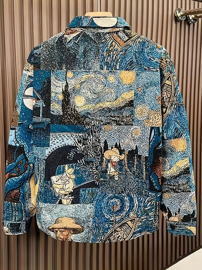 Chemise à manches longues vintage américaine en jacquard tissé pour homme, motif Van Gogh, idéale pour les étudiants en art.