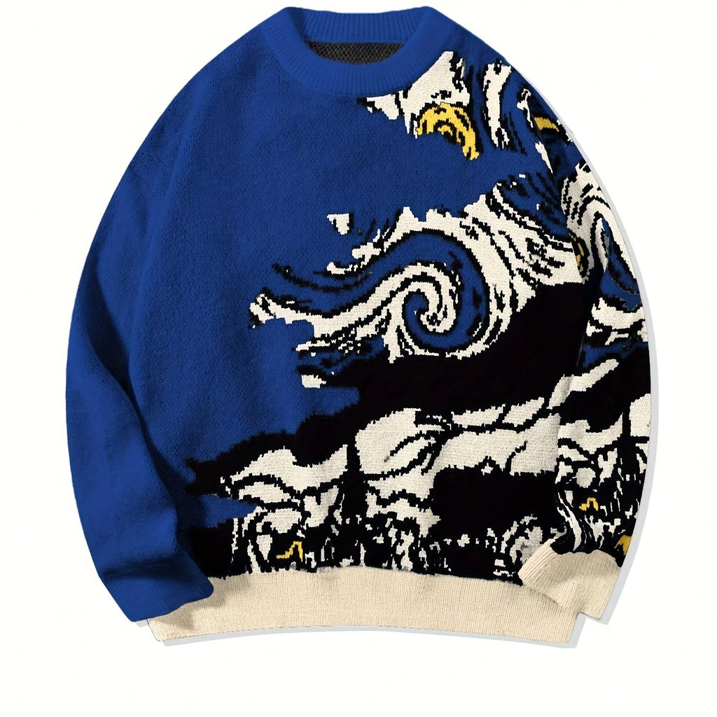 Camisola unissexo de manga comprida com estampado da pintura a óleo "A Noite Estrelada" de Van Gogh, ideal para a primavera, outono e inverno. Modelo casual e versátil, com gola redonda e ombros descaídos.