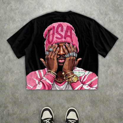 T-shirt blanc à manches courtes pour homme, imprimé numérique 3D, style streetwear hip-hop, t-shirt graphique rappeur, t-shirt à manches courtes pour homme, t-shirt décontracté à col rond et manches courtes pour homme
