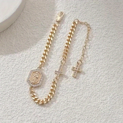 Bracelet religieux vintage et élégant plaqué or 14 carats, orné de zirconiums cubiques. Bijou unisexe, idéal pour la prière quotidienne et la méditation. À porter au quotidien, en cadeau, pour les fêtes, Noël, Halloween ou comme accessoire de mode.