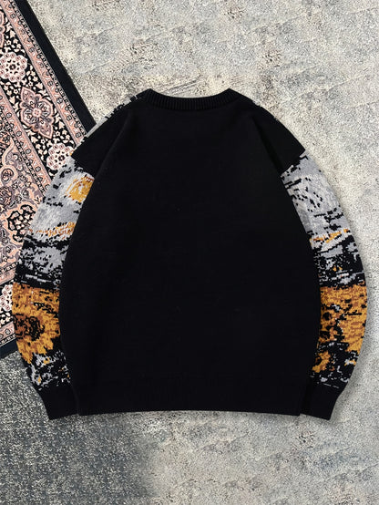 Nouveau pull décontracté pour homme, idéal pour l'automne et l'hiver. Coupe ample, orné d'un motif inspiré de Van Gogh représentant un tournesol et un ciel étoilé, avec des manches longues en maille vintage et un col rond.