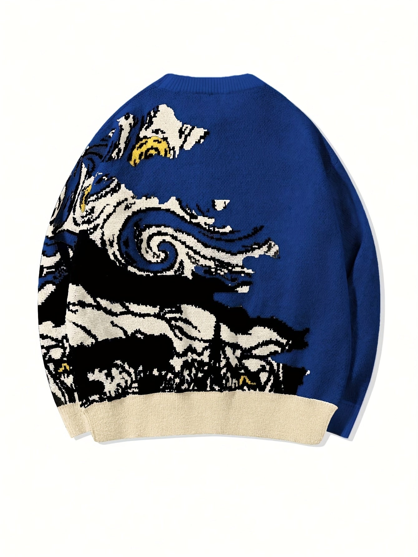 Camisola unissexo de manga comprida com estampado da pintura a óleo "A Noite Estrelada" de Van Gogh, ideal para a primavera, outono e inverno. Modelo casual e versátil, com gola redonda e ombros descaídos.