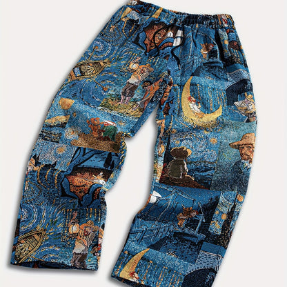 Pantalon décontracté pour homme, coupe droite, taille élastiquée avec cordon de serrage et poches - Tissu non extensible, coupe ample, confort toutes saisons, imprimé galaxie doré