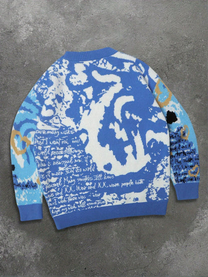 Camisola de homem de manga comprida com gola redonda, estampado artístico de letras, corações e águias, estilo pintura a óleo, para a primavera, outono e inverno. Modelo unissexo casual e largo.