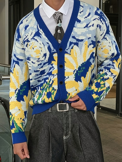 Nouveau pull unisexe décontracté pour hommes et femmes, idéal pour les trajets quotidiens, orné d'un motif abstrait inspiré des peintures à l'huile de Van Gogh, avec un design de cardigan à manches longues en maille.