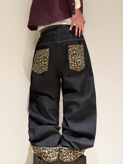 Pantalon en jean ample à revers imprimé léopard style rétro américain, pantalon streetwear noir tendance à jambes larges pour homme (ceinture et accessoires non inclus)