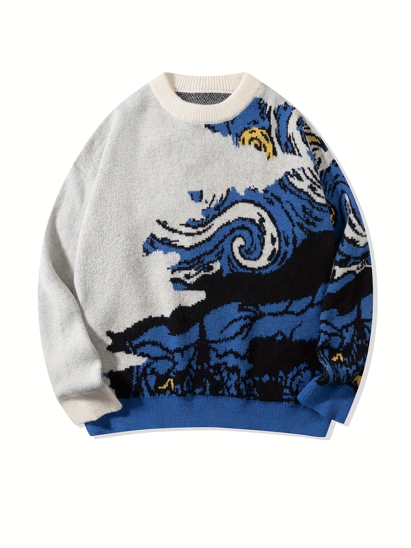 Camisola unissexo de manga comprida com estampado da pintura a óleo "A Noite Estrelada" de Van Gogh, ideal para a primavera, outono e inverno. Modelo casual e versátil, com gola redonda e ombros descaídos.