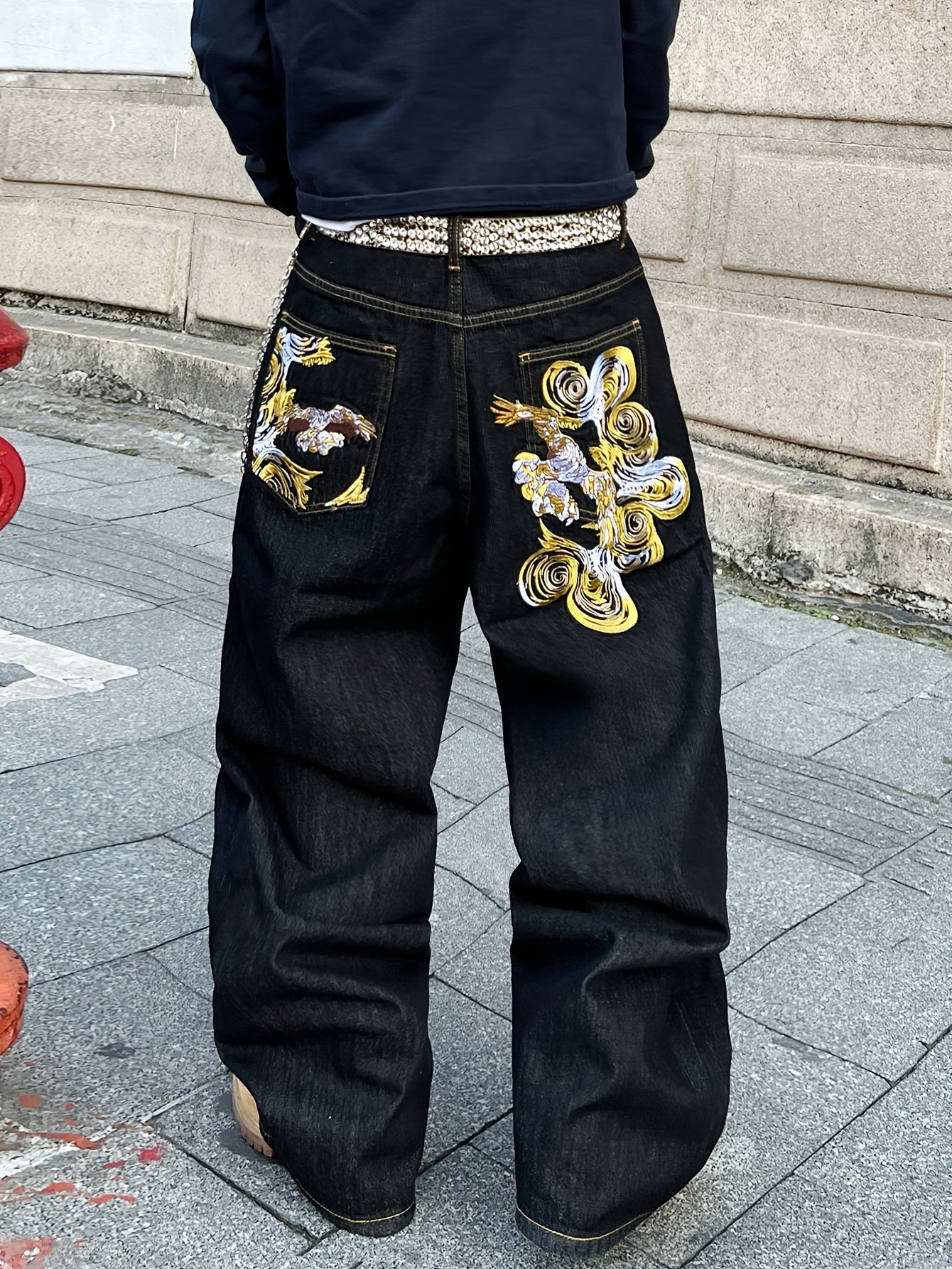 Jean ample en denim brodé doré style vintage américain, résistant et durable | Style streetwear hip-hop, tissu non extensible, longueur standard, toutes saisons, poches, ceinture non incluse