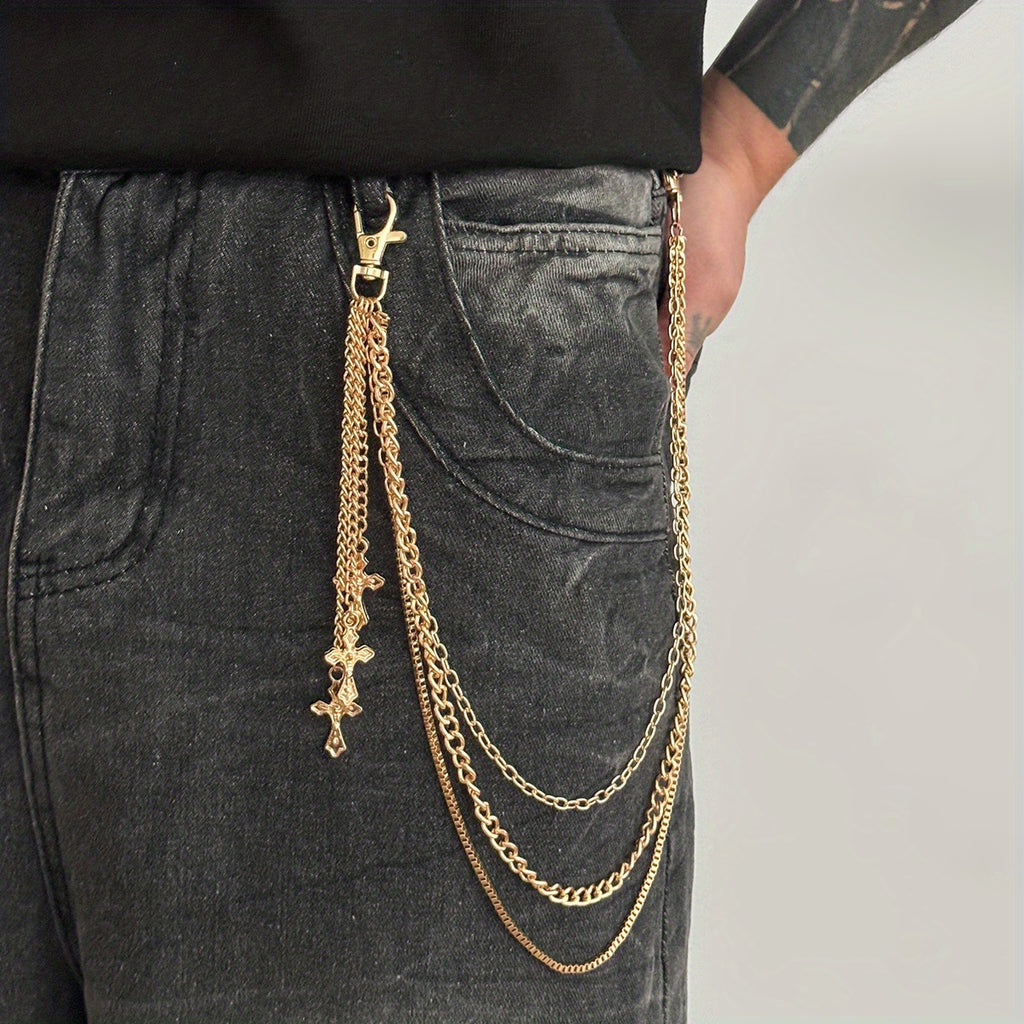 Chaîne de pantalon avec pendentif croix à trois rangs, style décontracté et minimaliste, arborant un design rétro tendance, idéal pour les soirées de tous les jours, ce qui en fait un cadeau polyvalent pour homme.